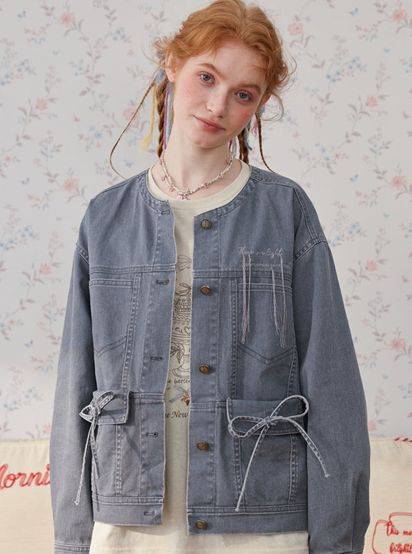 Neck Long Sleeve Work Denim Set