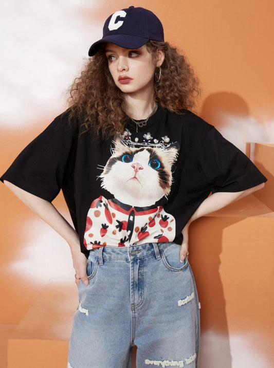Cat Print Loose Black T-Shirt