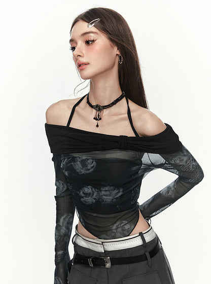 Straight Neck Ruffle Long Sleeve Lace-up T-Shirt