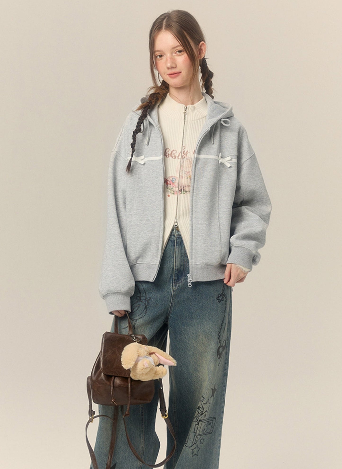 Bow hooded cardigan sweatshirt