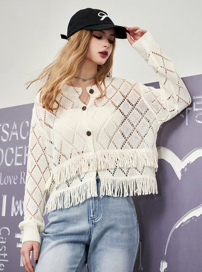 French Tassel Cut-Out Cardigan Top