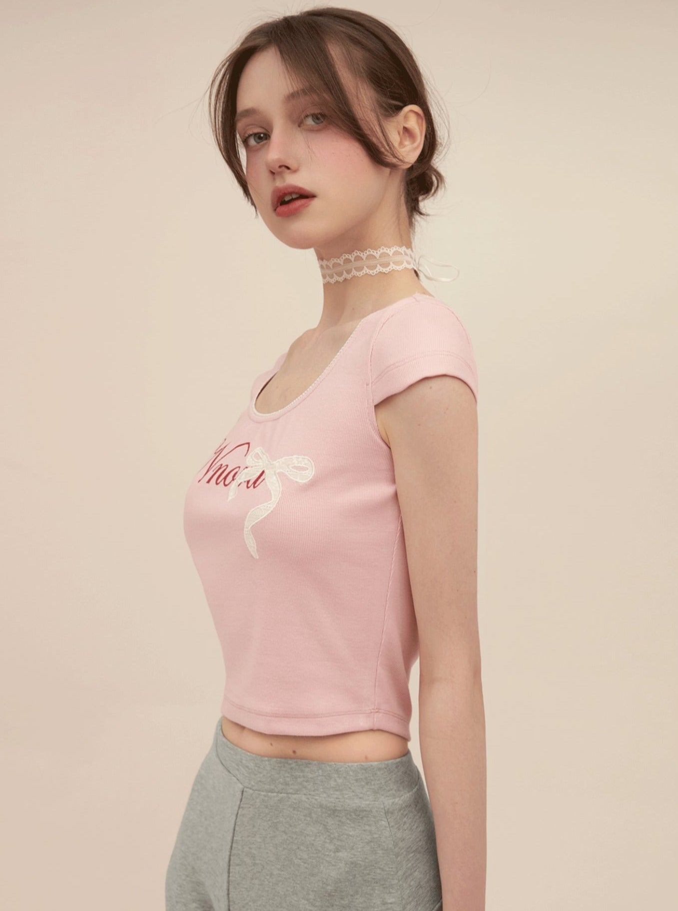 U-Neck Bow High Waist T-Shirt