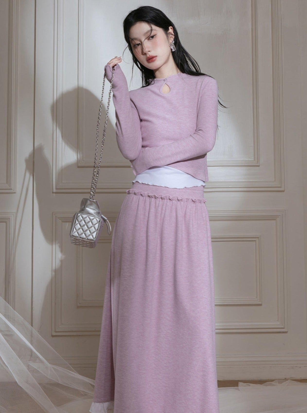 Fandel Knitted Shirred Top Skirt Set