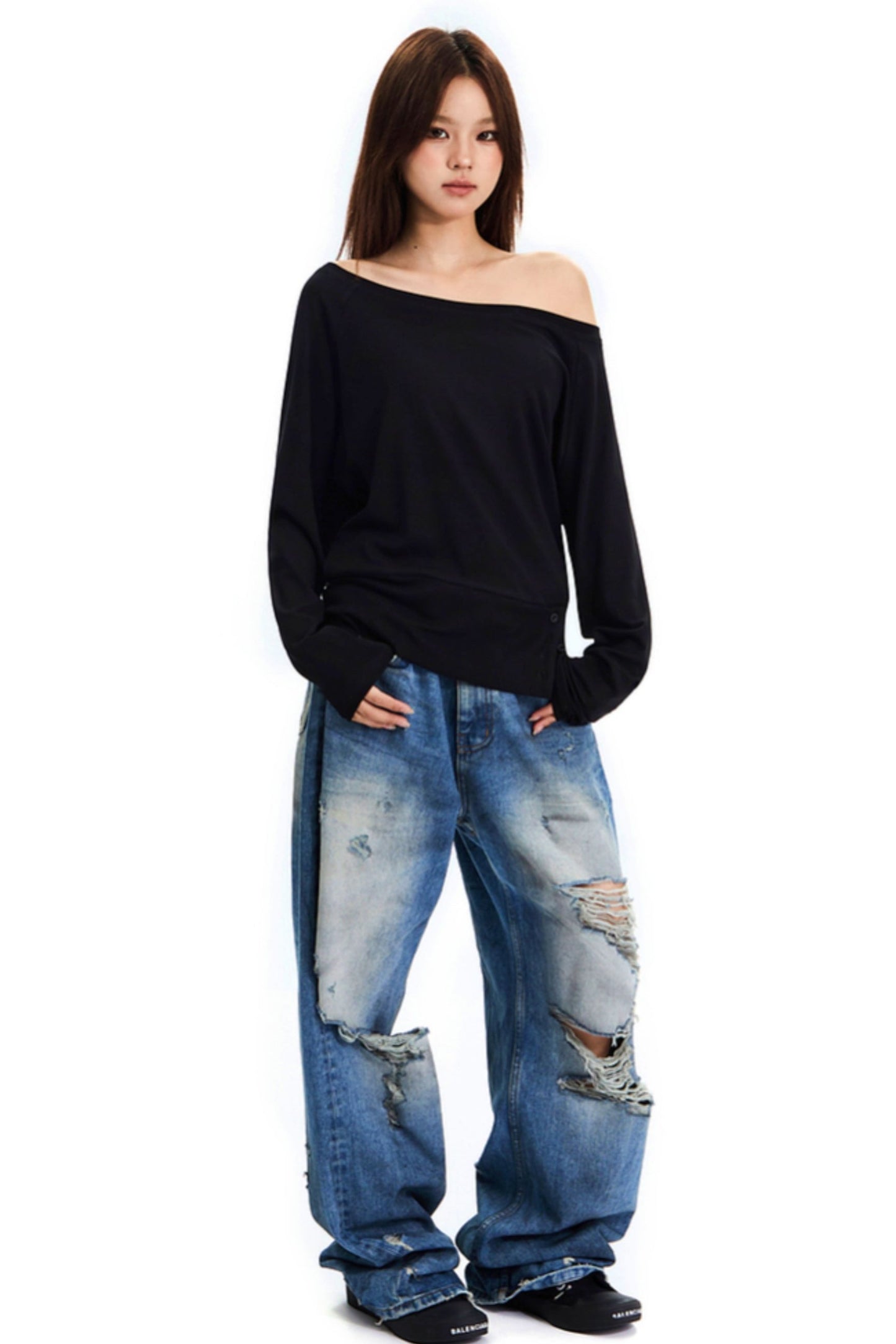 Retro Loose Fit Off-Shoulder Top