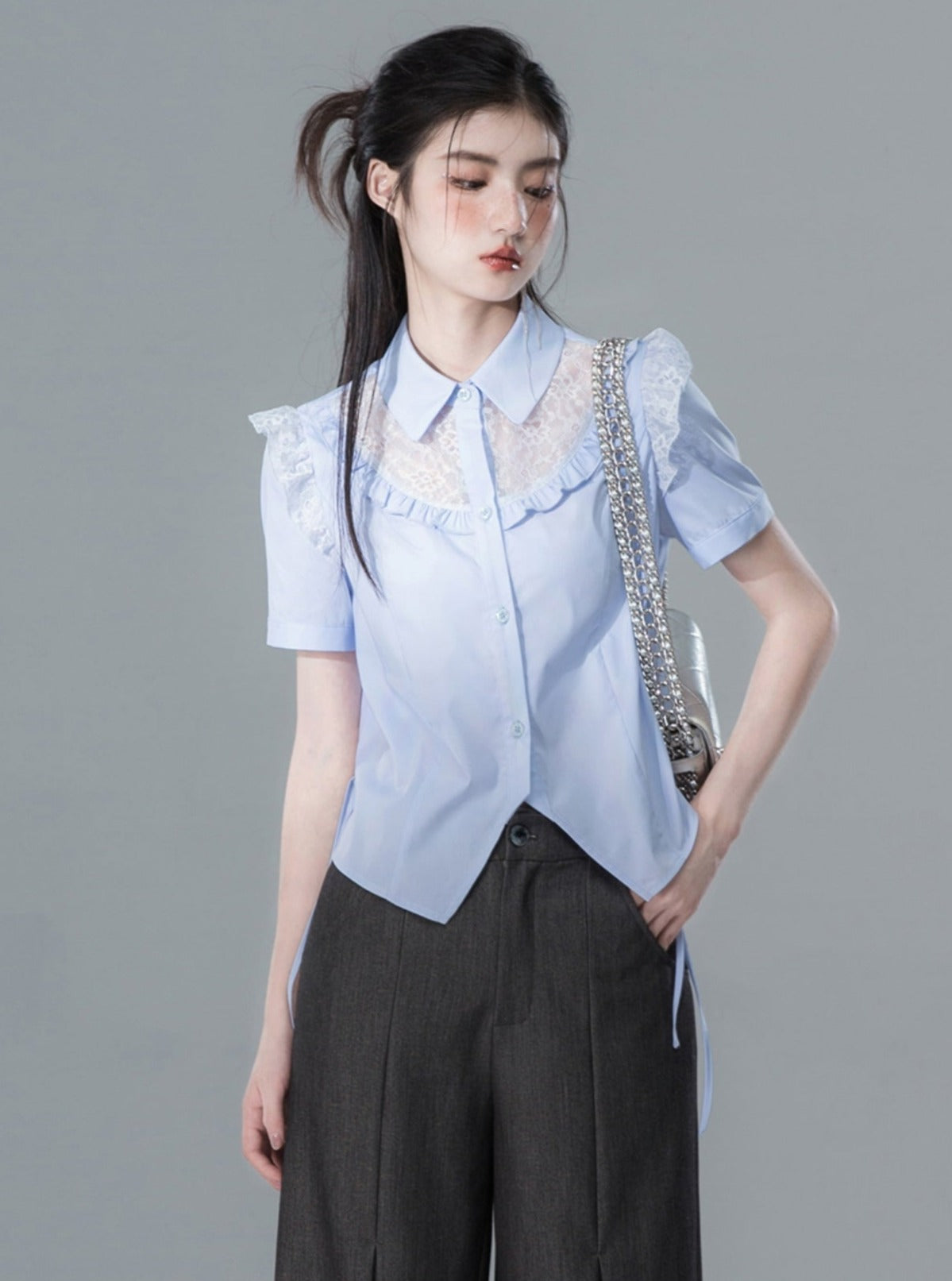 Lace Panel Short-Sleeved Shirt