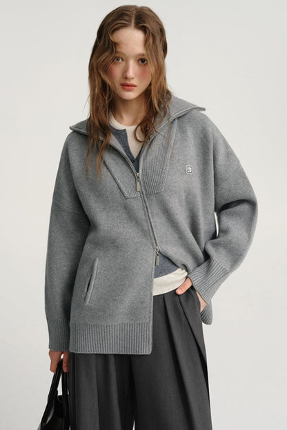 Grey Double Zipper Padded Cardigan