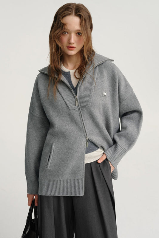 GREY DOUBLE ZIPPER PADDED CARDIGAN