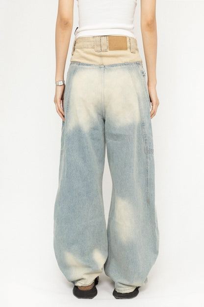 OCTTFLAB American high street stitched contrasting denim trousers design sense hot girl slim washed wide-leg trousers