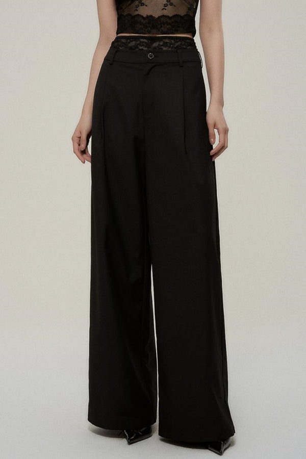 Lace-Trimmed High-Waisted Wide-Leg Pants