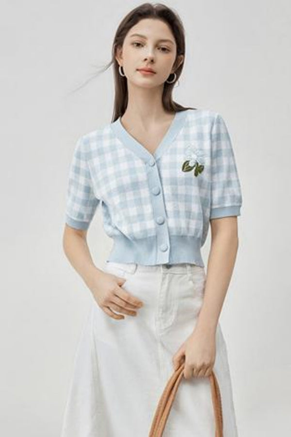 V-Neck Checkered Cotton Knit Top