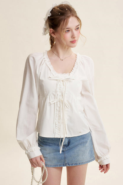 Romantic Lace Bow Tie V-Neck Shirt