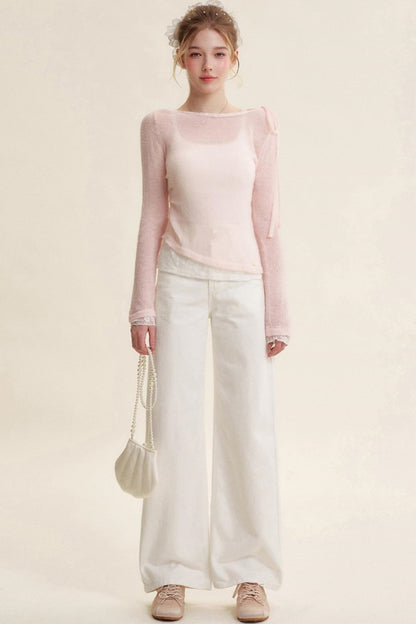 Rose Scented Mohair Bow Neck Sweater Set-Up