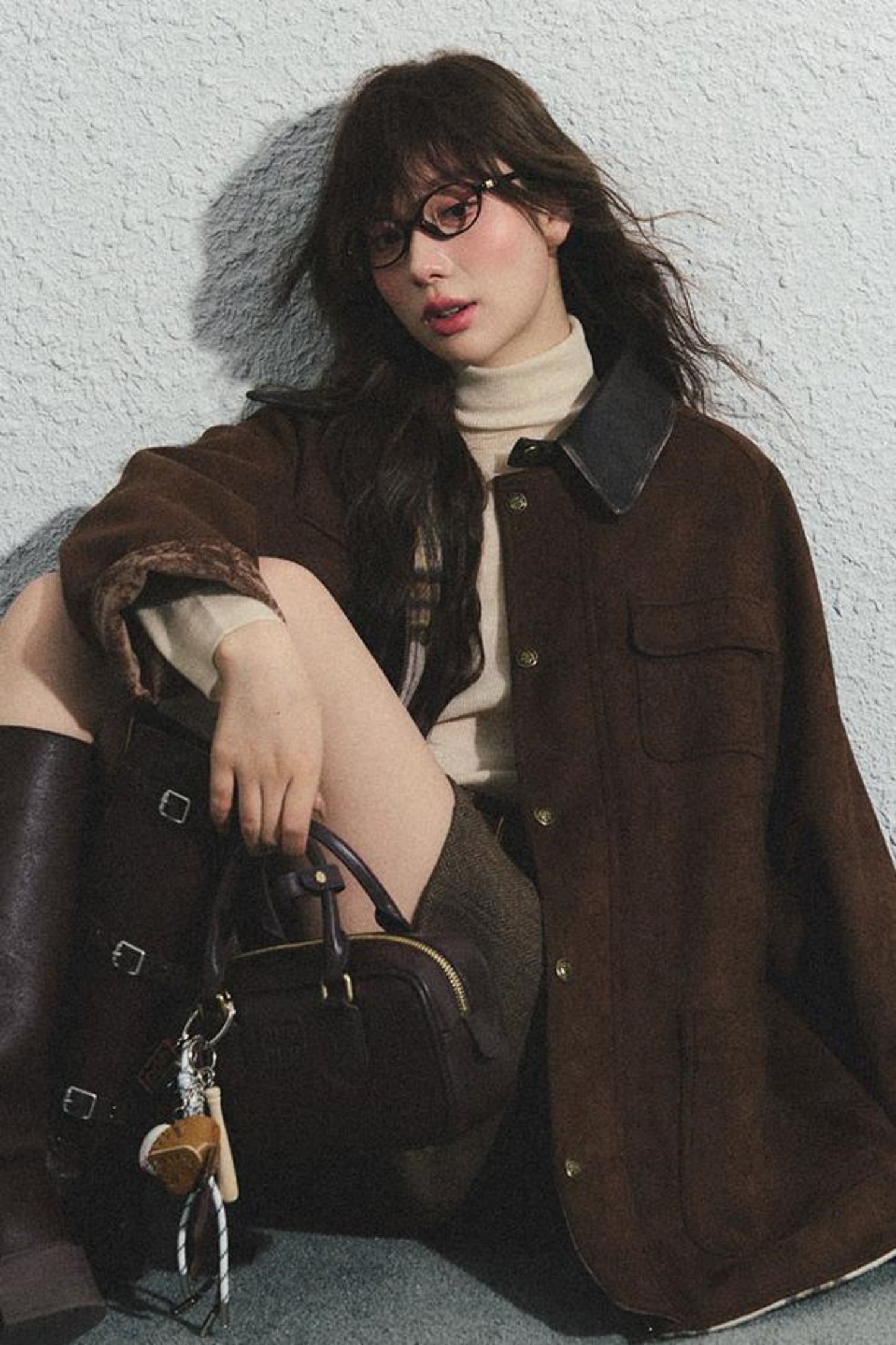 Brown Herringbone High-Waisted Trousers