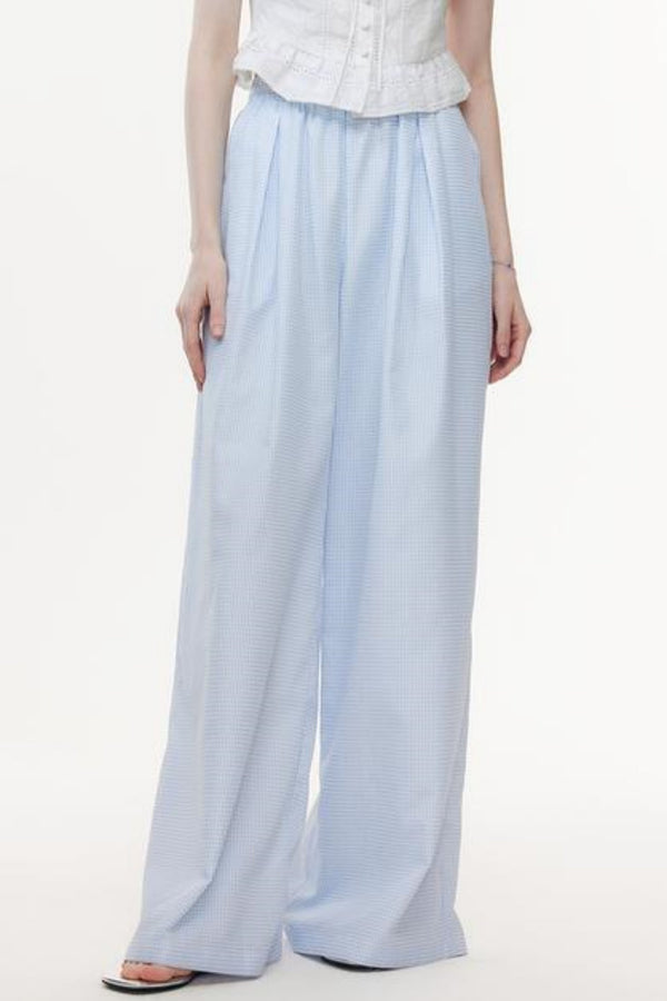 Blue & White Plaid High-Waisted Wide-Leg Pants