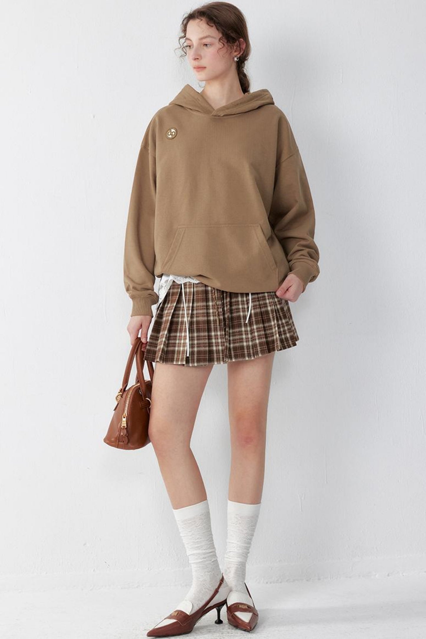 Brown Plaid Pleated A-Line Skirt