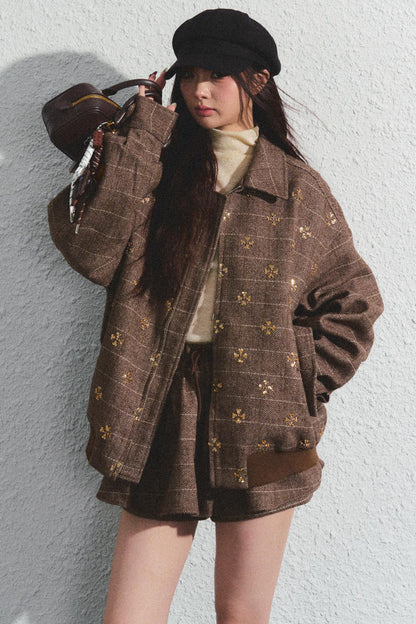 Khaki Beaded Lapel Jacket & Skirt Set-Up