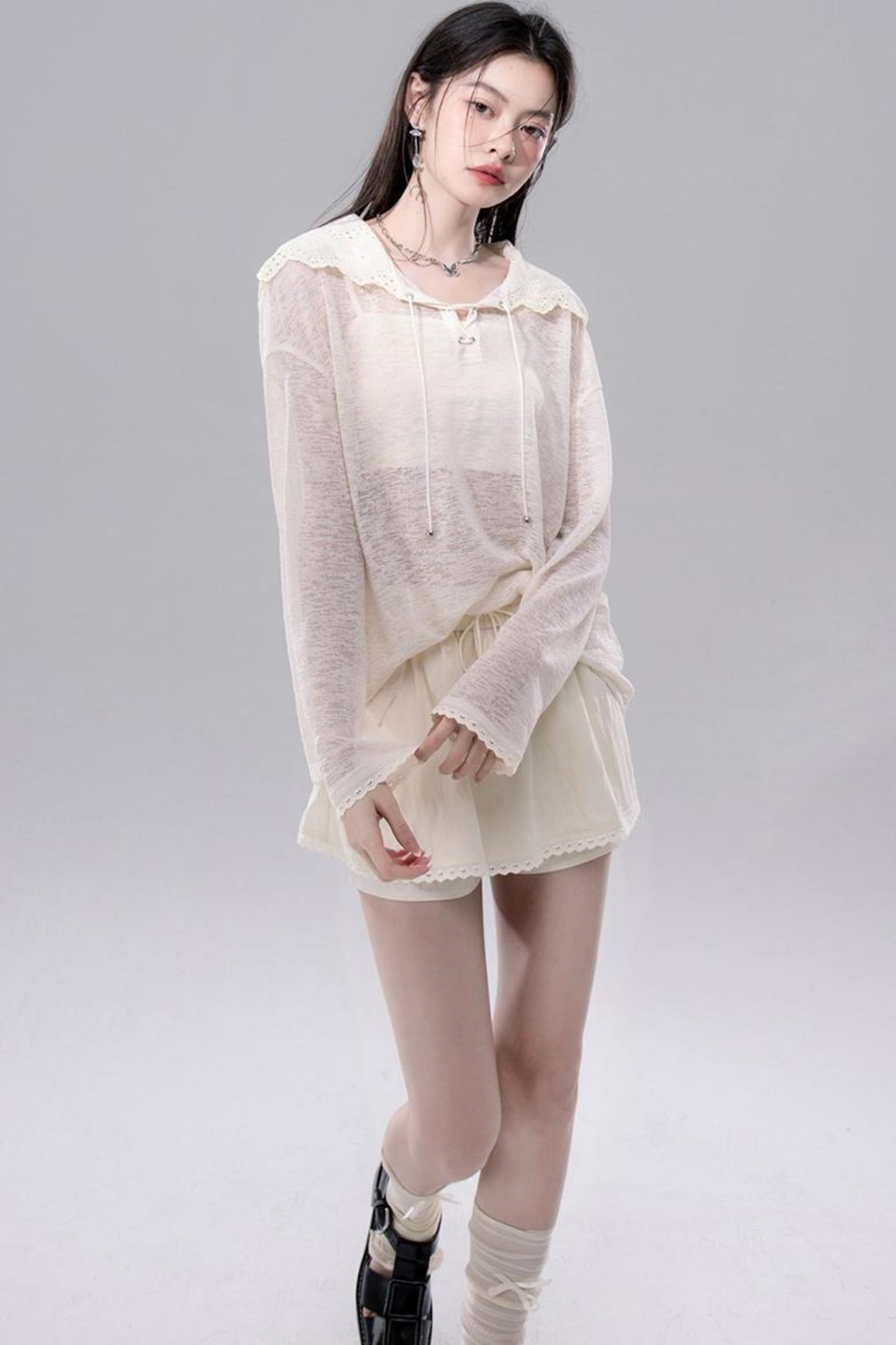 Sheer Lace Hoodie Knit Blouse Skirt Set