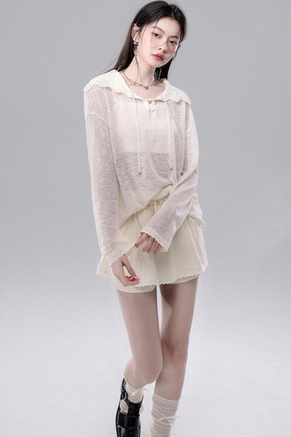 Sheer Lace Hoodie Knit Blouse Skirt Set