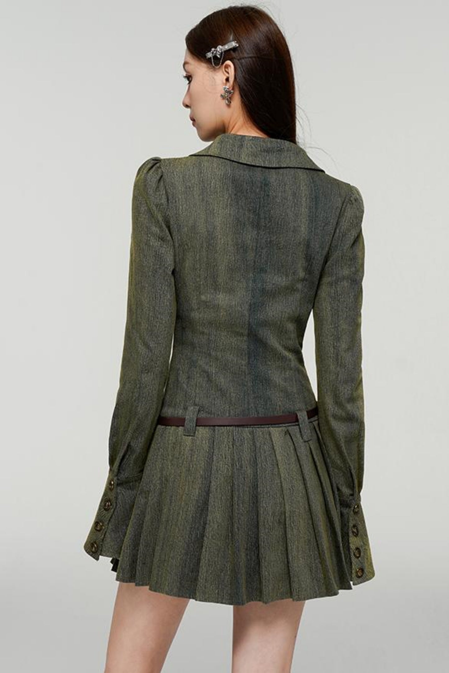 Long Sleeve Rose Print Pleated Dress