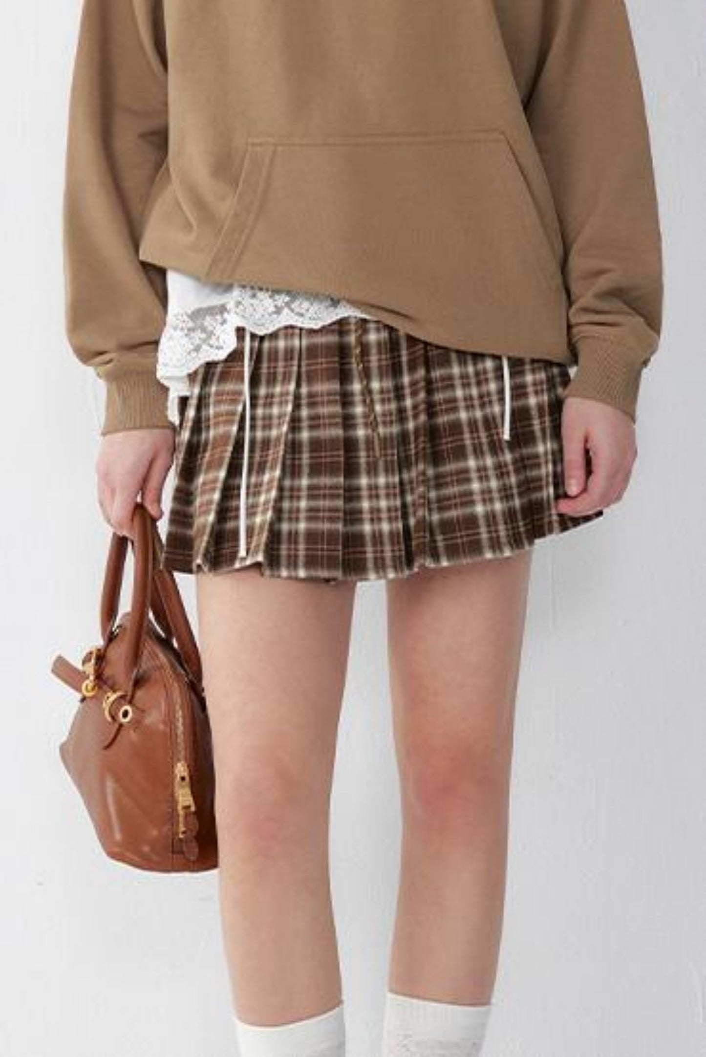 Brown Plaid Pleated A-Line Skirt