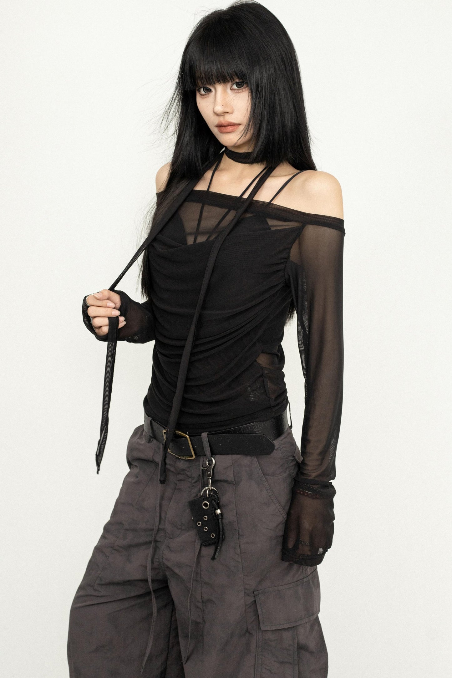 Sleek One-Shoulder Mesh Cover-Up Blouse