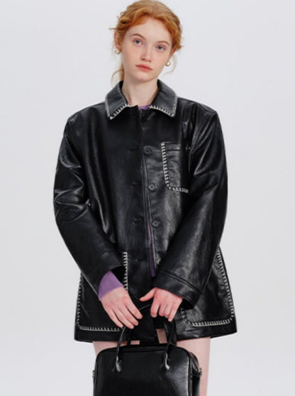 Mid-length lapel loose PU leather jacket