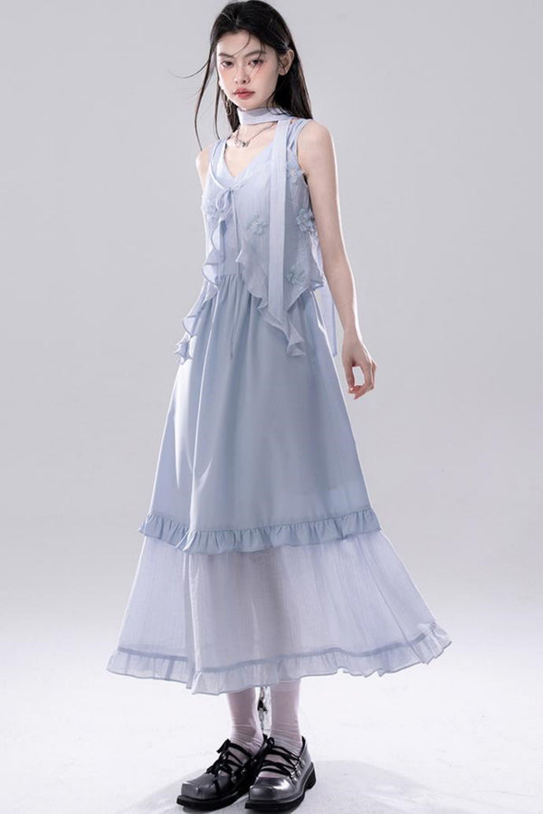 Embroidered Floral Cardigan Vest Dress Set