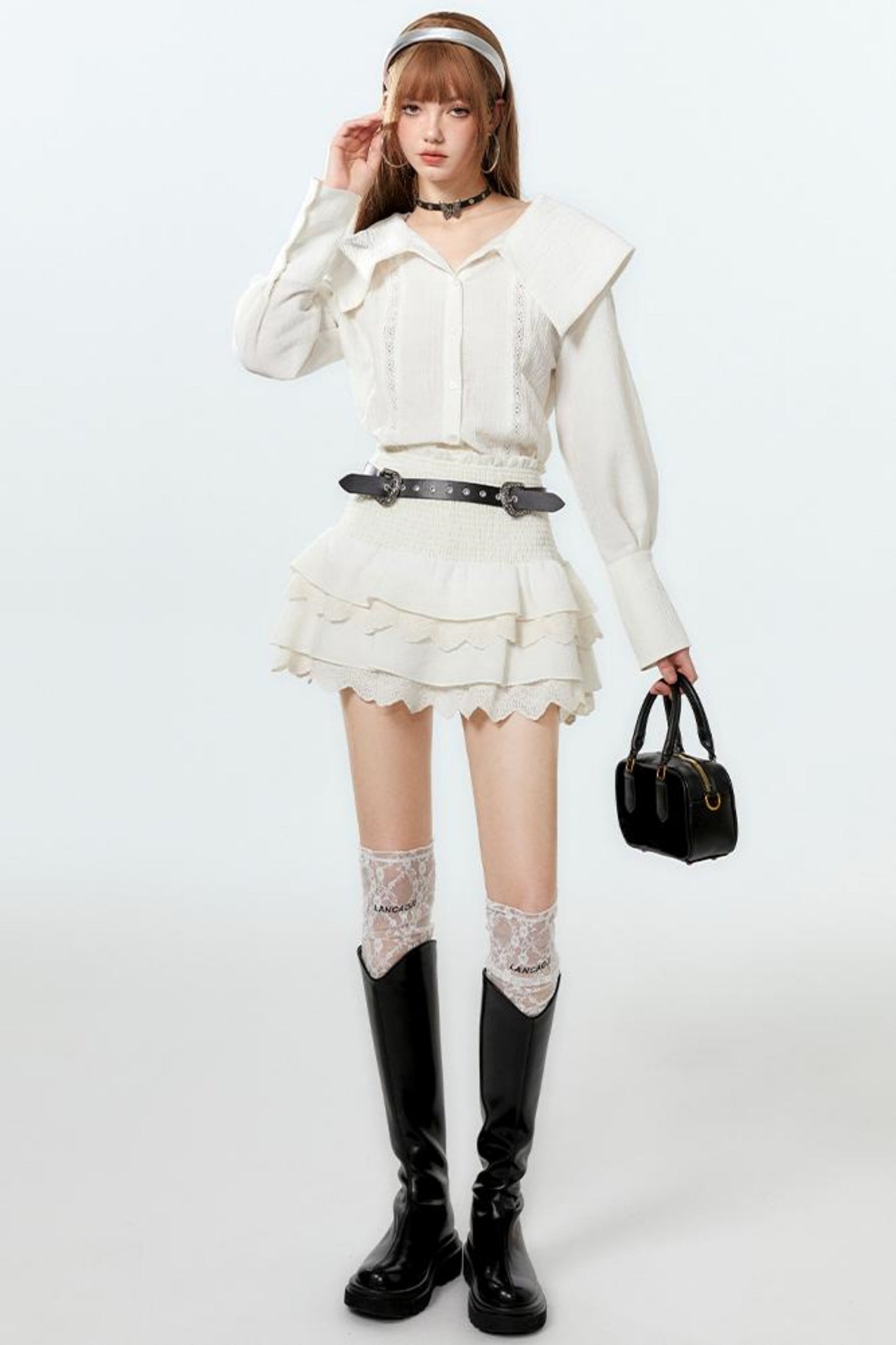 Sheer Lace Big-Collar Mint Blouse