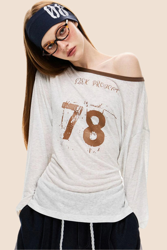 Retro Street Off Shoulder Langarm-T-Shirt 