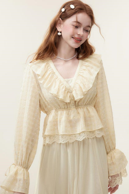 V-Neck Lace Ruffle Blouse
