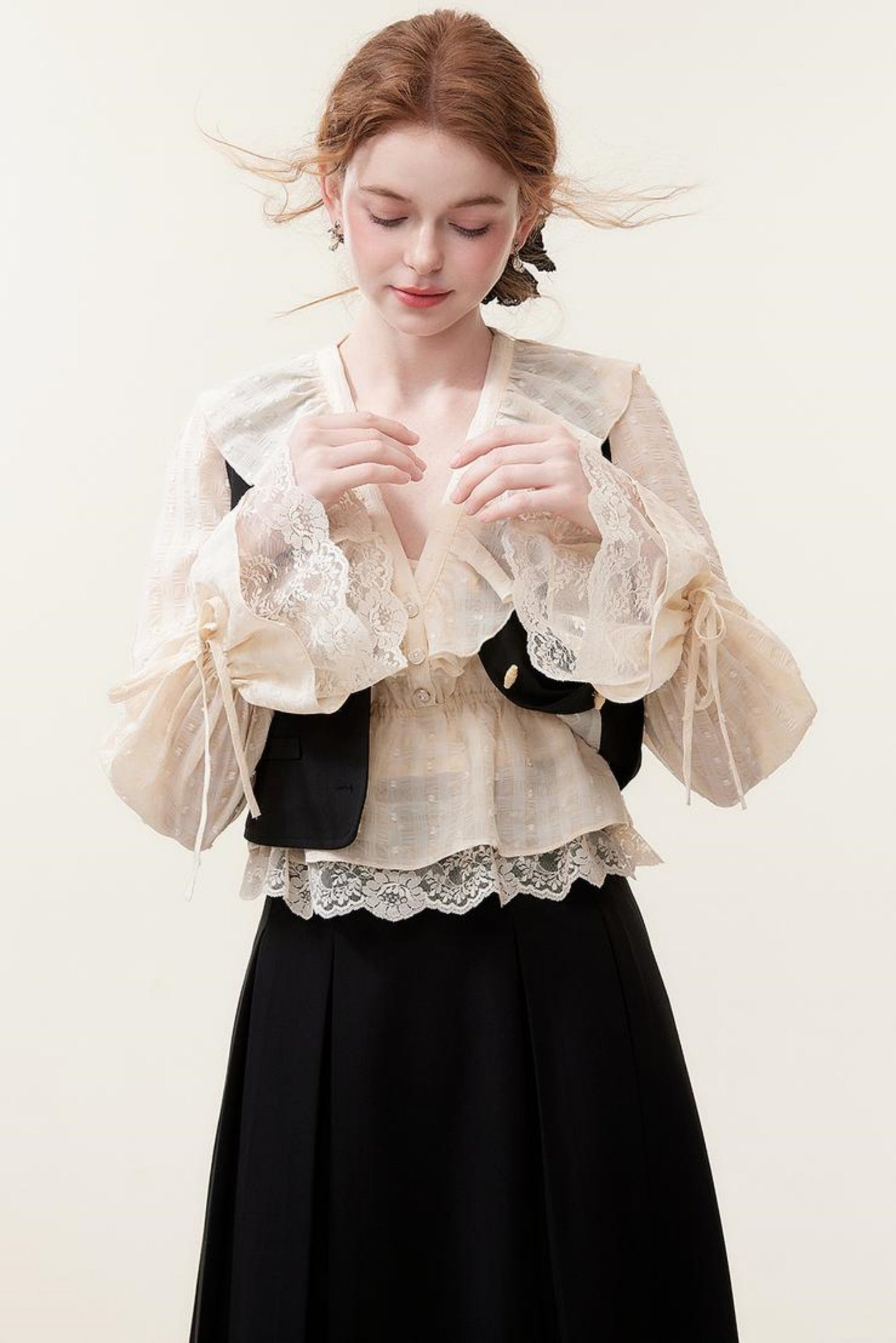 V-Neck Lace Ruffle Blouse