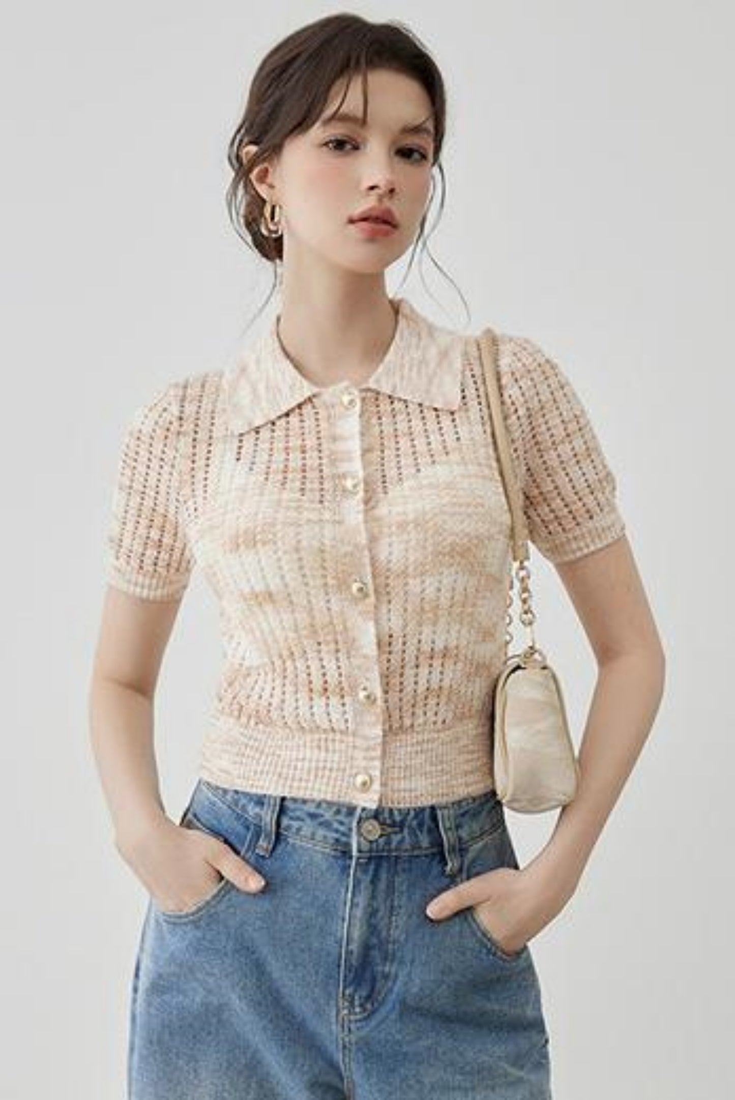 Elegant Polo Collar Short Sleeve Knit