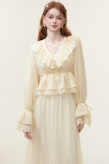 V-Neck Lace Ruffle Blouse