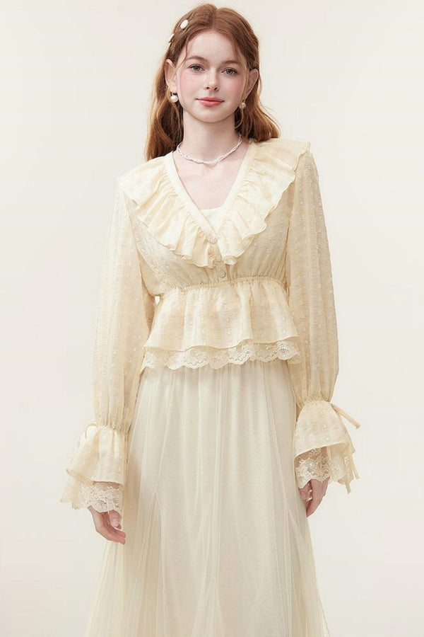 V-Neck Lace Ruffle Blouse
