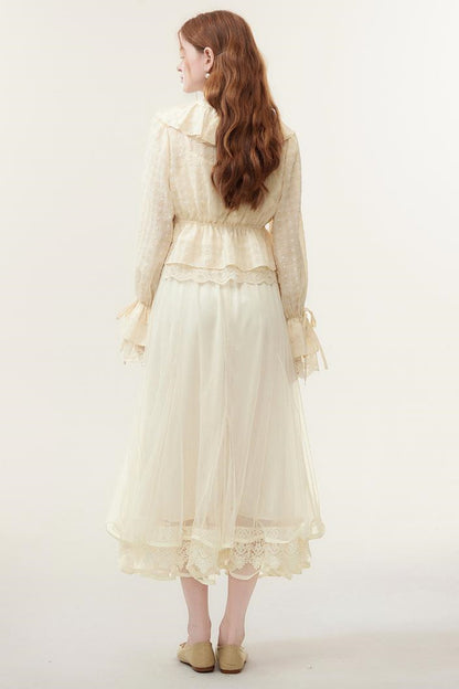 V-Neck Lace Ruffle Blouse