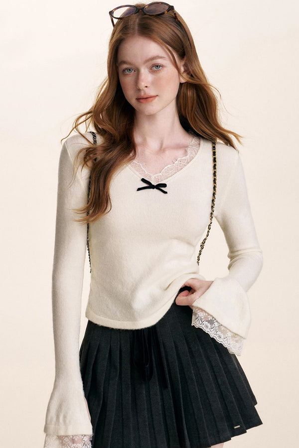 Velvet Bow Lace V-Neck Knit Top