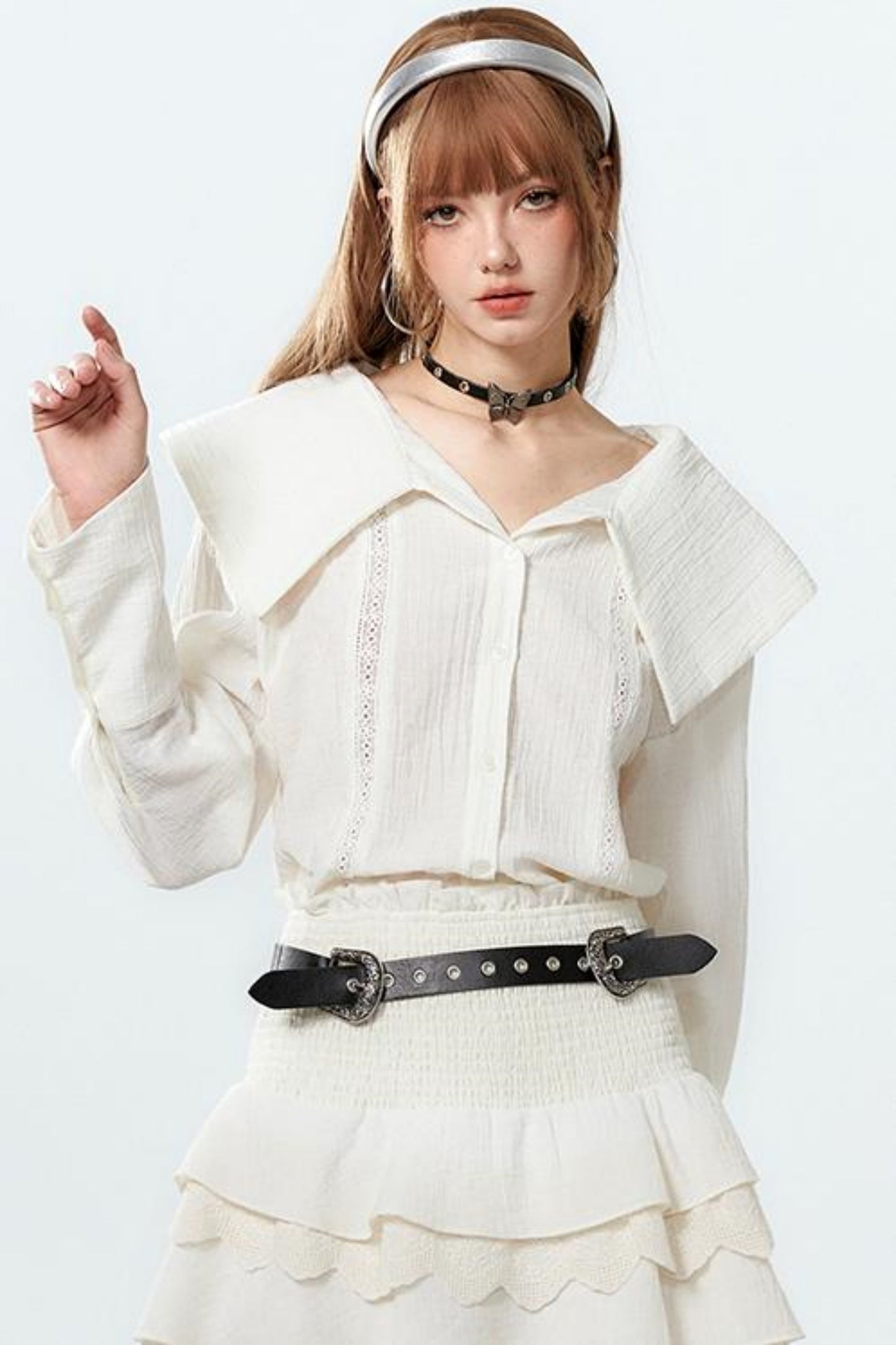 Sheer Lace Big-Collar Mint Blouse