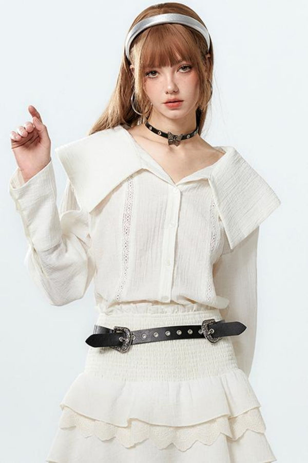 Sheer Lace Big-Collar Mint Blouse