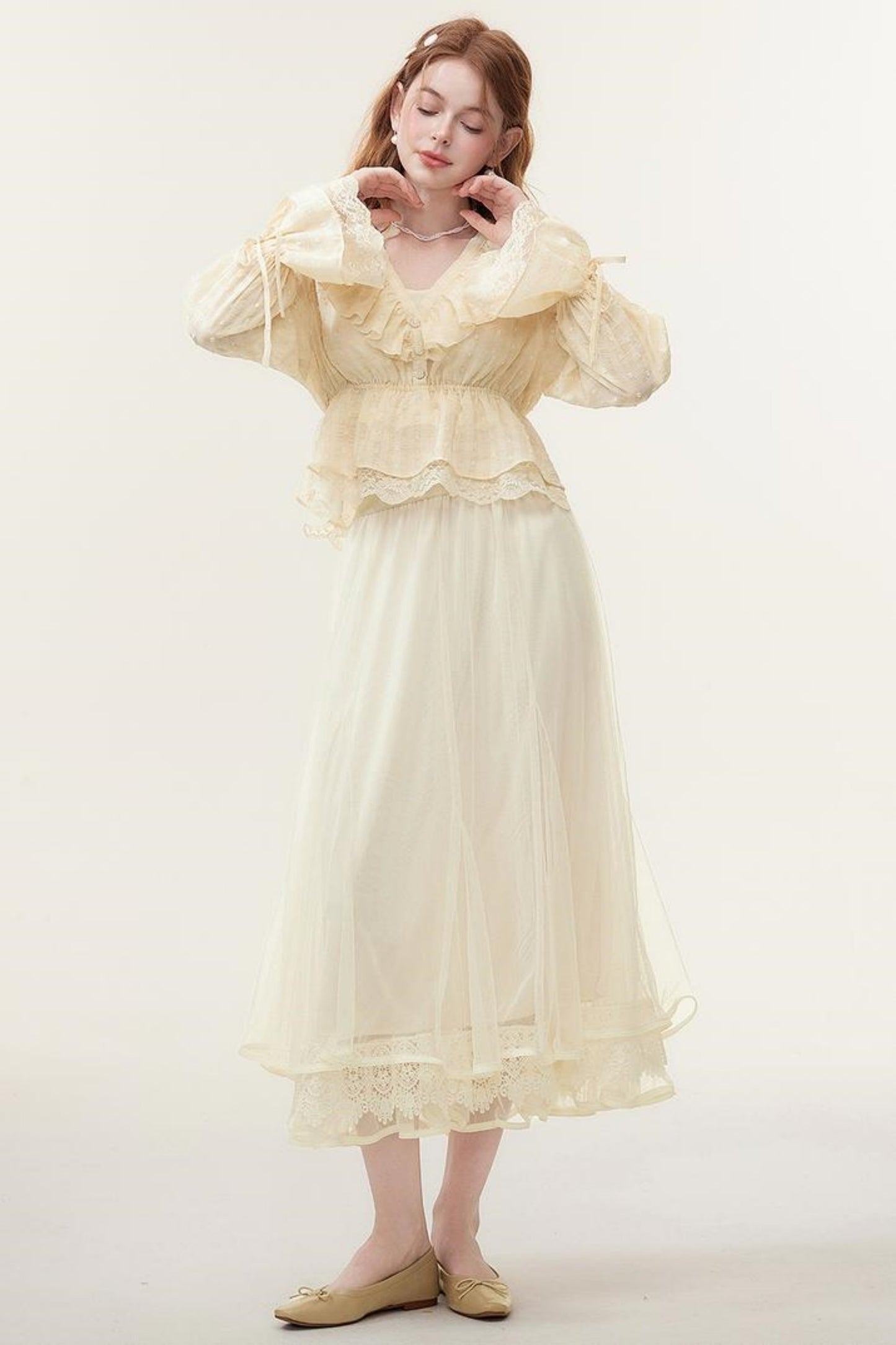 V-Neck Lace Ruffle Blouse