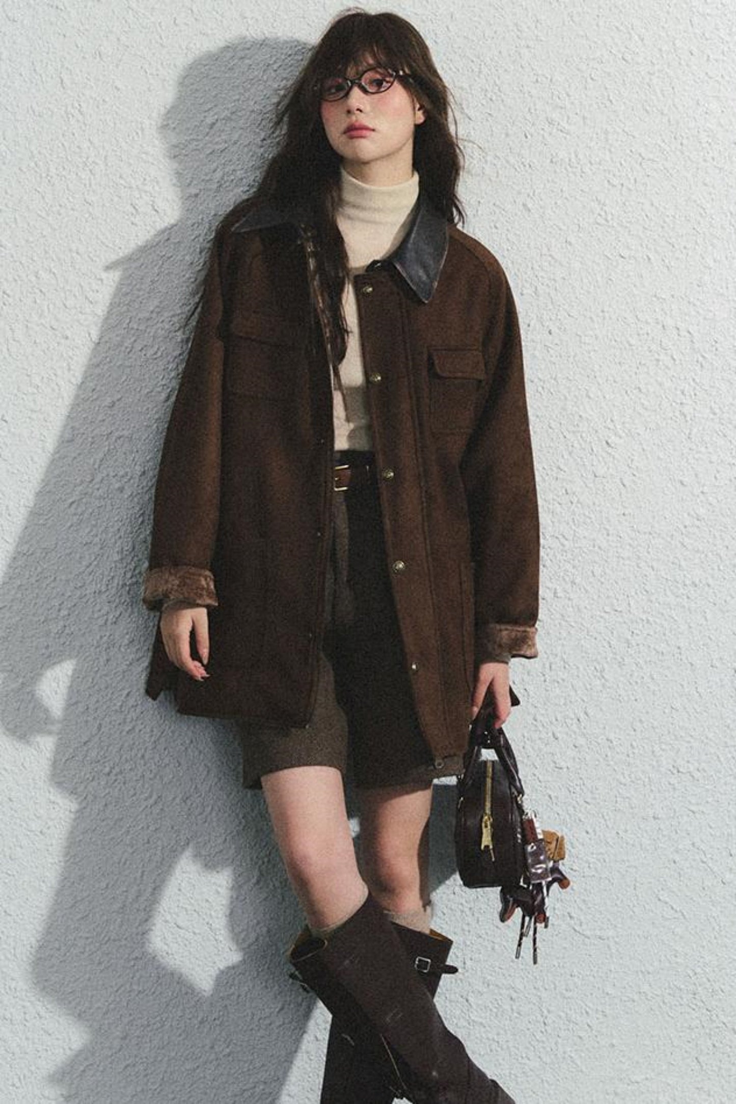 Brown Herringbone High-Waisted Trousers