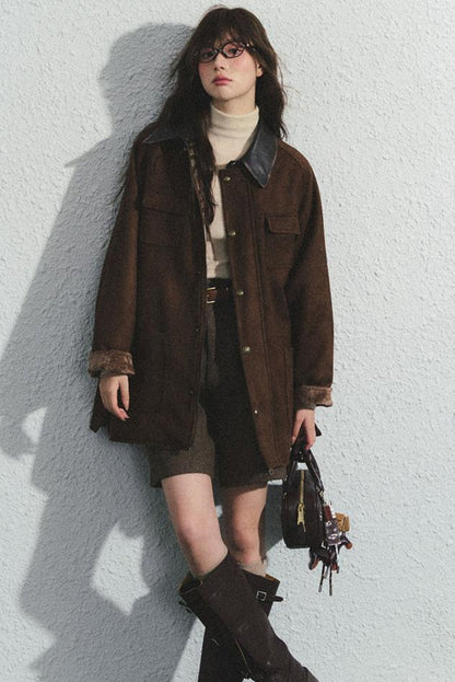 Brown Herringbone High-Waisted Trousers