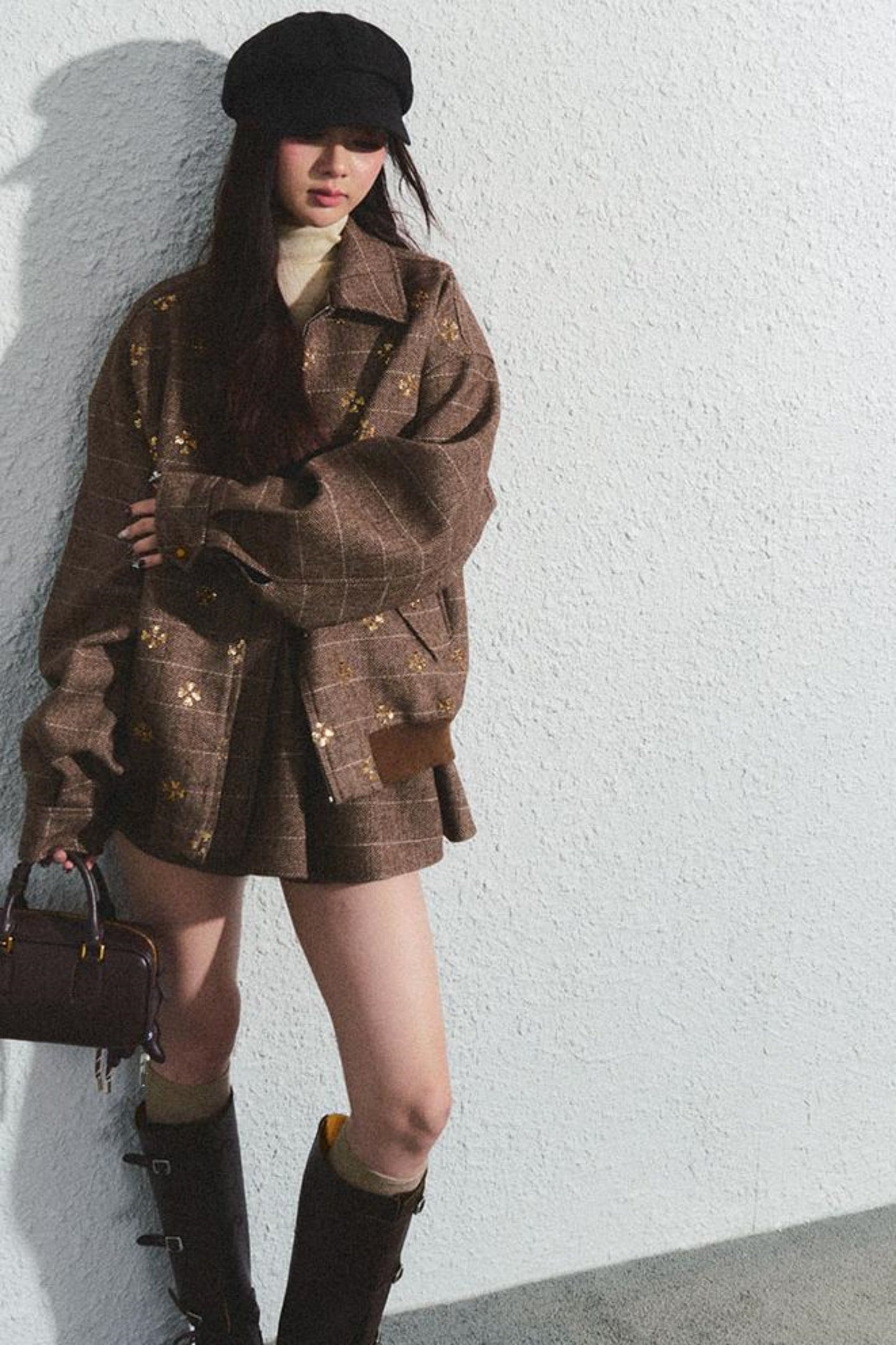 Khaki Beaded Lapel Jacket & Skirt Set-Up