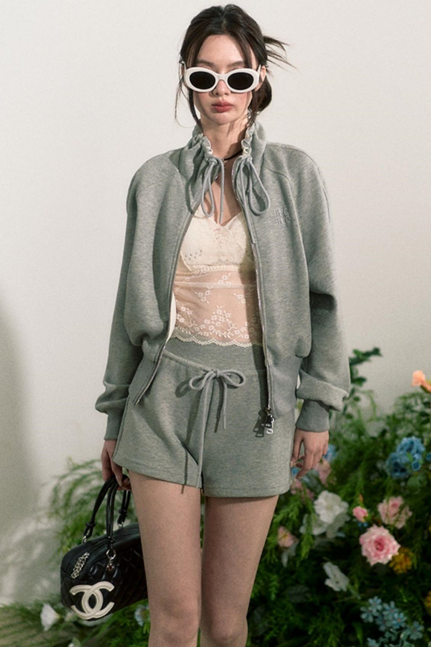 Zip-Up Sweater Jacket With Shorts Set-Up