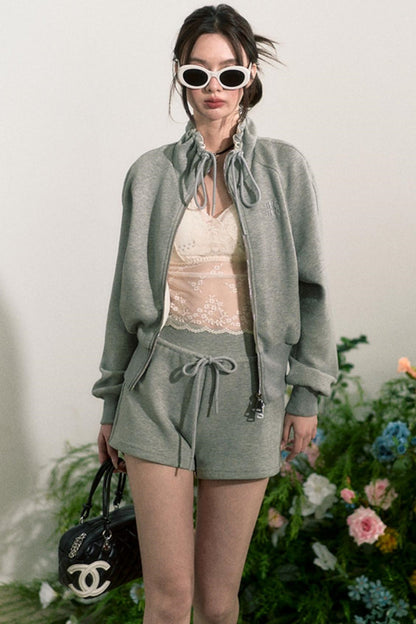 Zip-Up Sweater Jacket With Shorts Set-Up