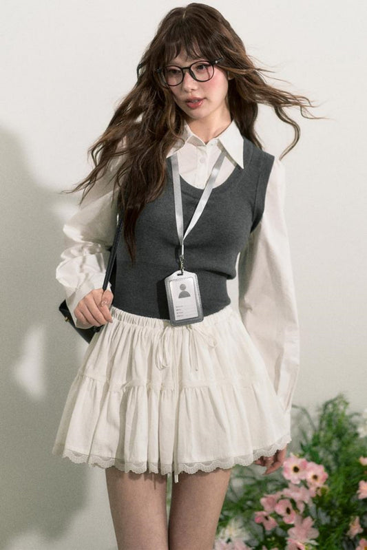 Layered Knit Vest With Skirt Set-Up