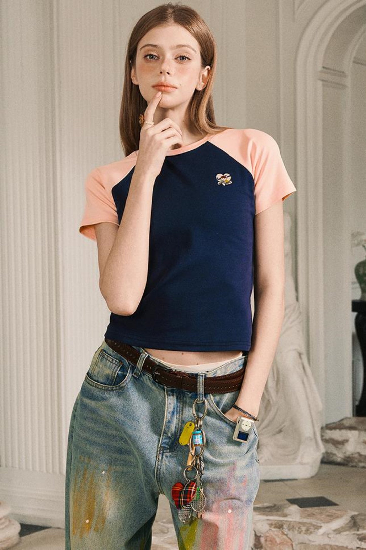 Color Block Shoulder Loose Fit T-Shirt