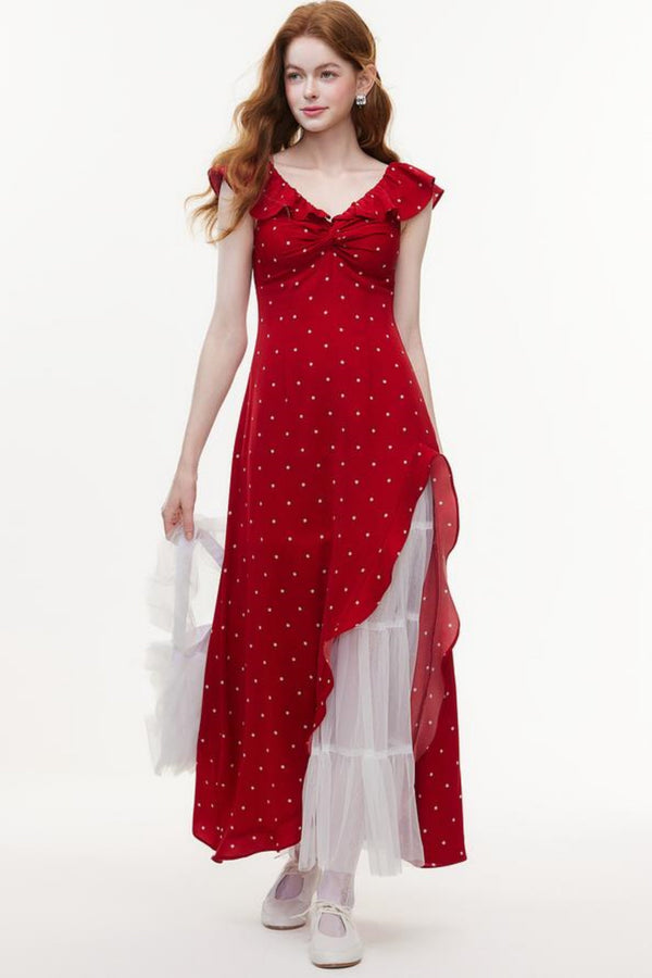 Cherry Red Lace Polka Dot Maxi Dress