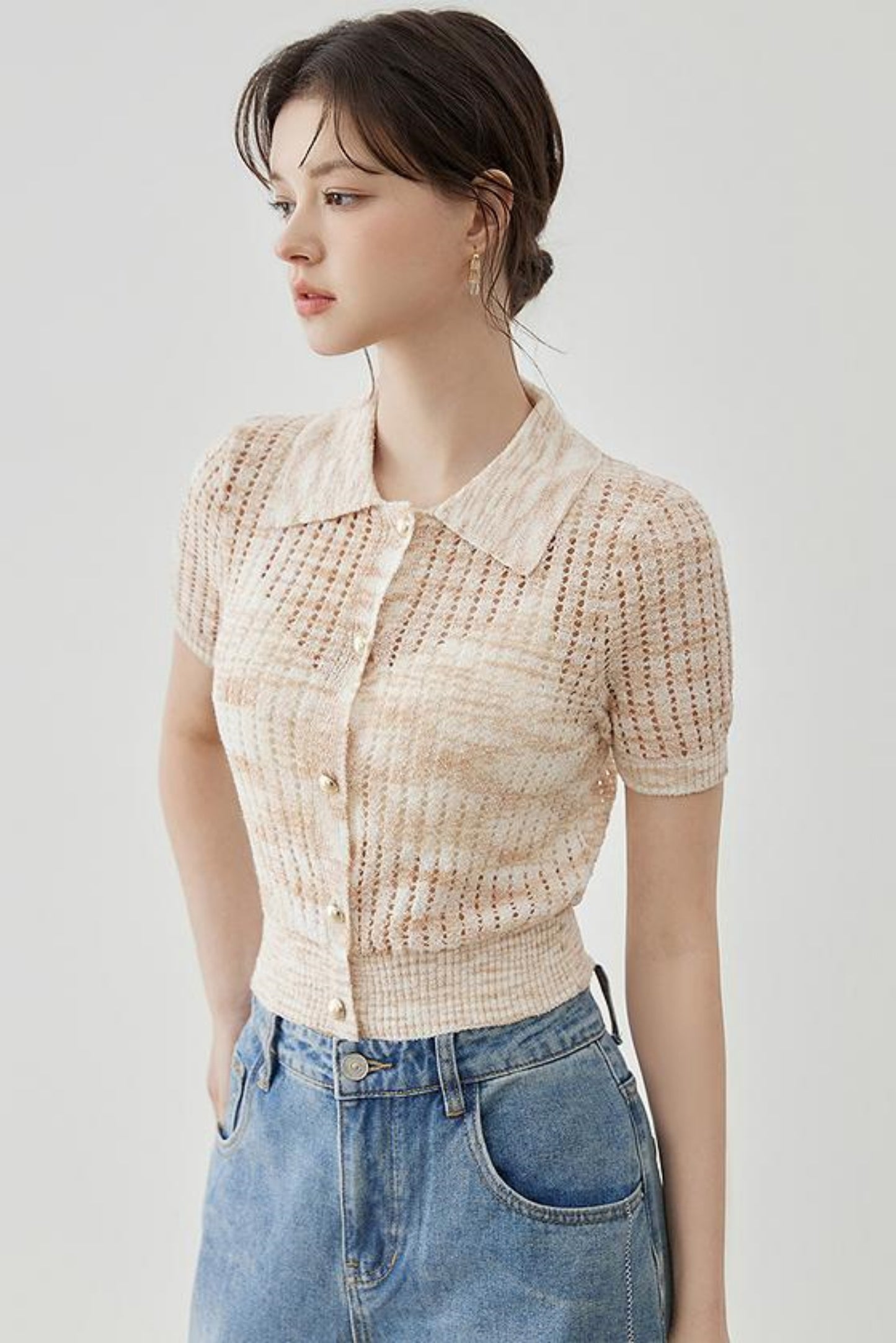 Elegant Polo Collar Short Sleeve Knit