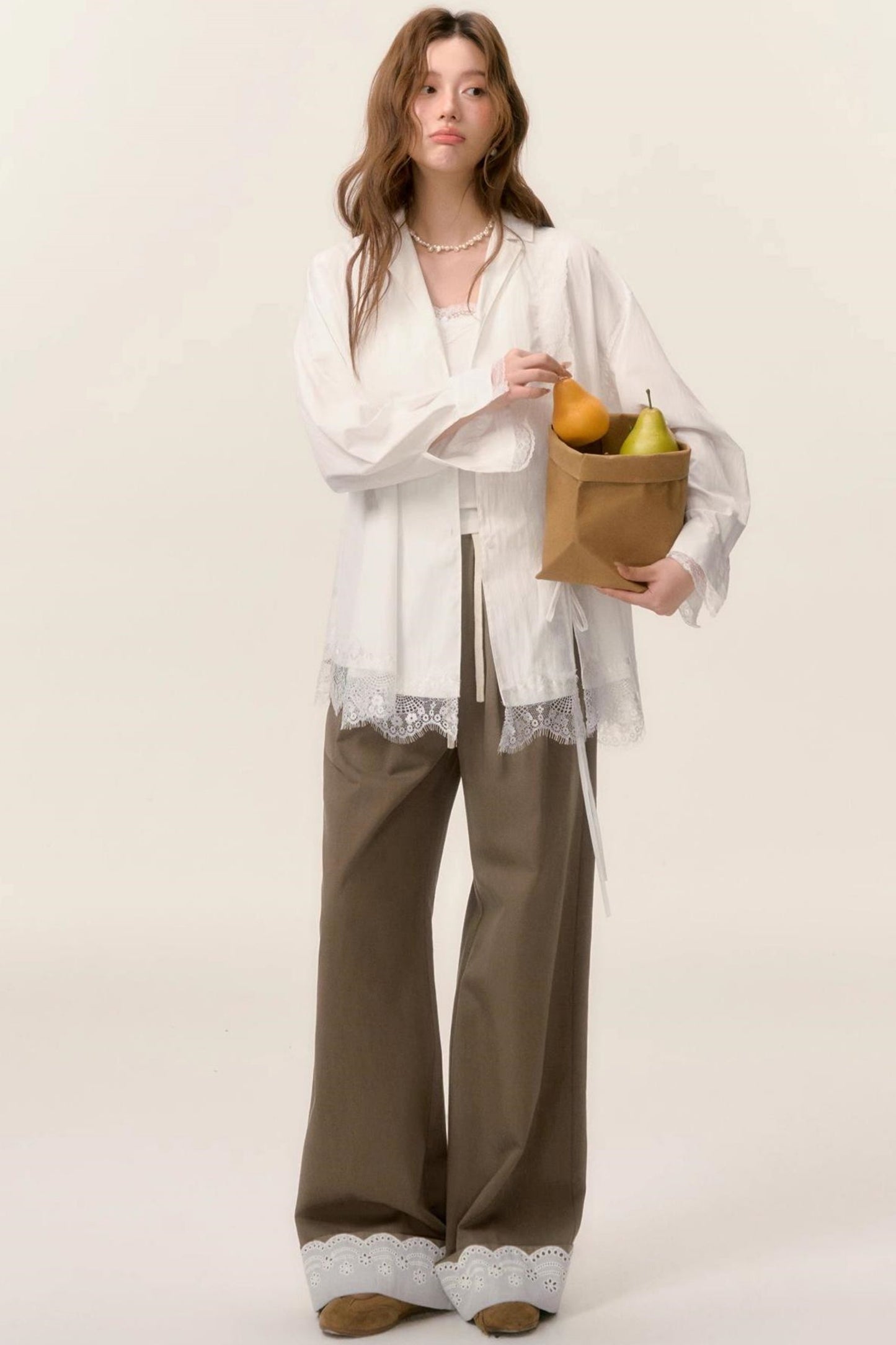 Lace-Trimmed Wide Leg Pants