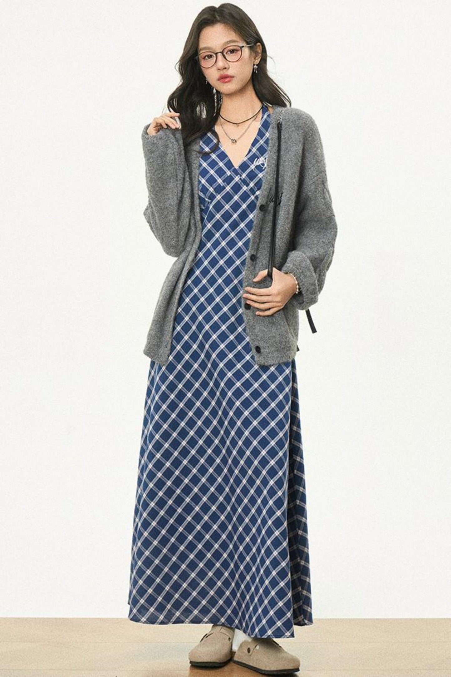 Retro Plaid Halter Dress With Smock Set-Up